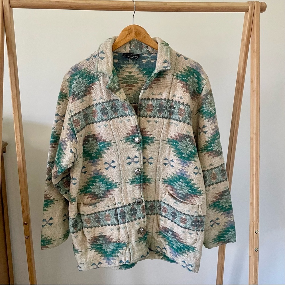 Vintage Tapestry Southwestern Aztec Quilt Star Patterned Collared Chore Jacket